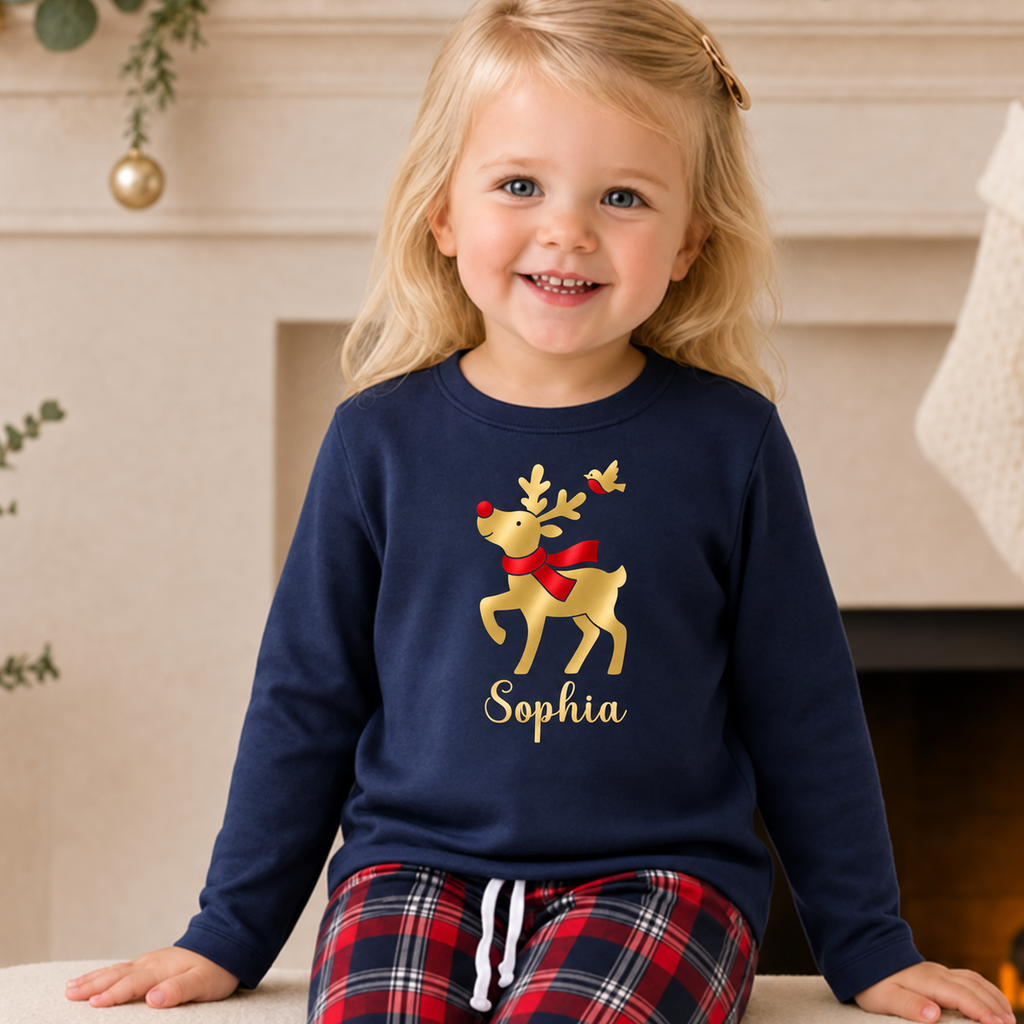Reindeer Christmas Personalised Pyjama Style Outfits, Navy Tartan PJ Style daywear with Name, Matching Sibling Christmas Eve Set