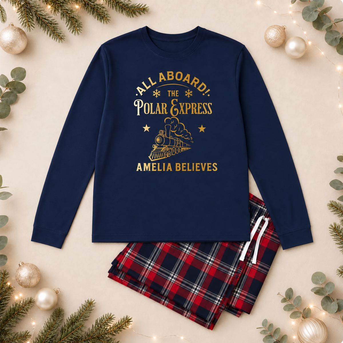 Polar Express Personalised Matching Family Christmas Pyjama Style Clothing; Personalised Xmas Eve Outfit