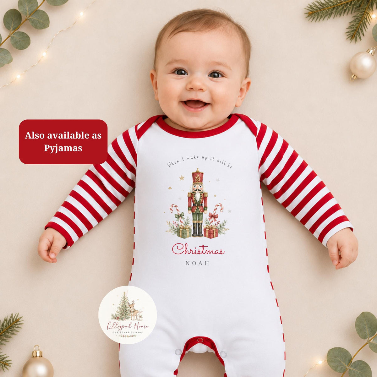 Personalised Christmas Nutcracker Themed Baby Romper: Matching Children's Xmas Pyjamas