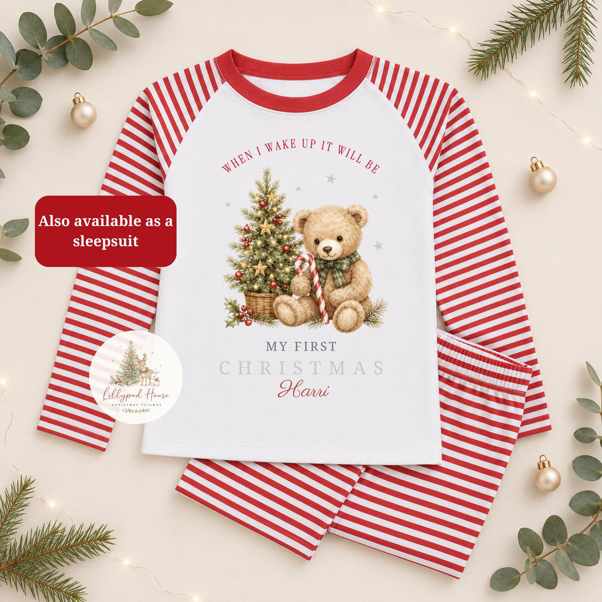 Personalised First Christmas Teddy Bear Baby Romper – Watercolour Festive Outfit