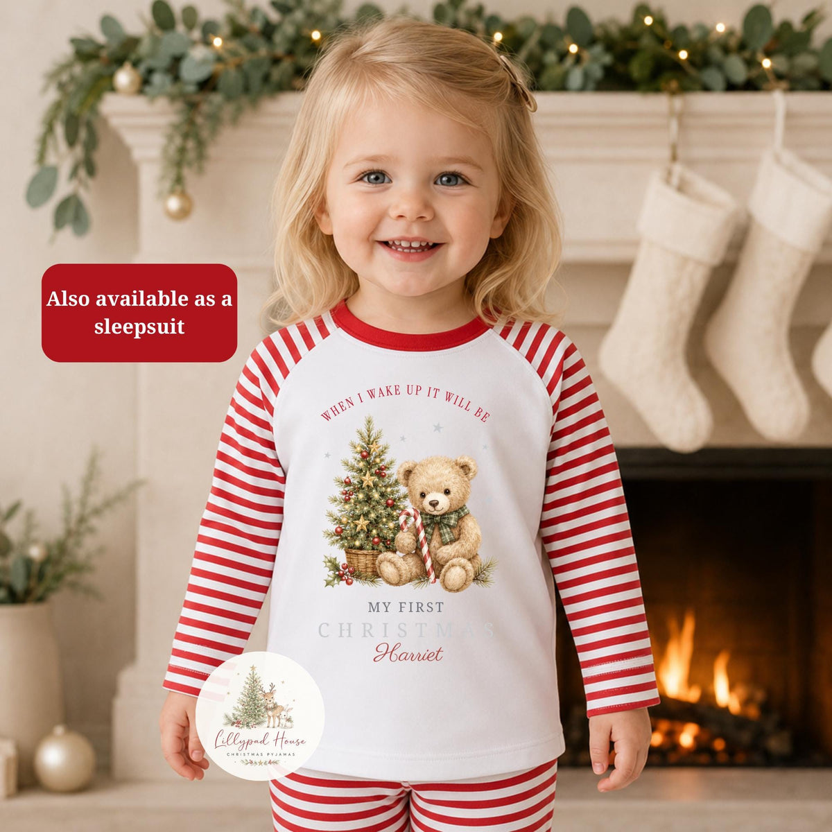 Christmas Teddybear Themed Childrens Christmas Pyjamas; Personalised Xmas Eve PJ's