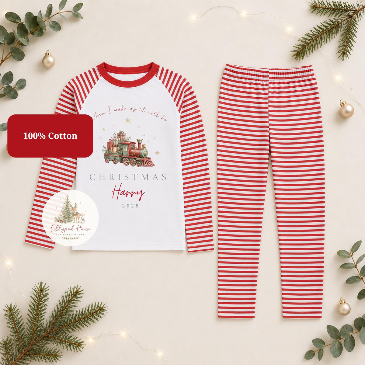 Christmas Train Themed Childrens Christmas Pyjamas; Personalised Xmas Eve PJ's