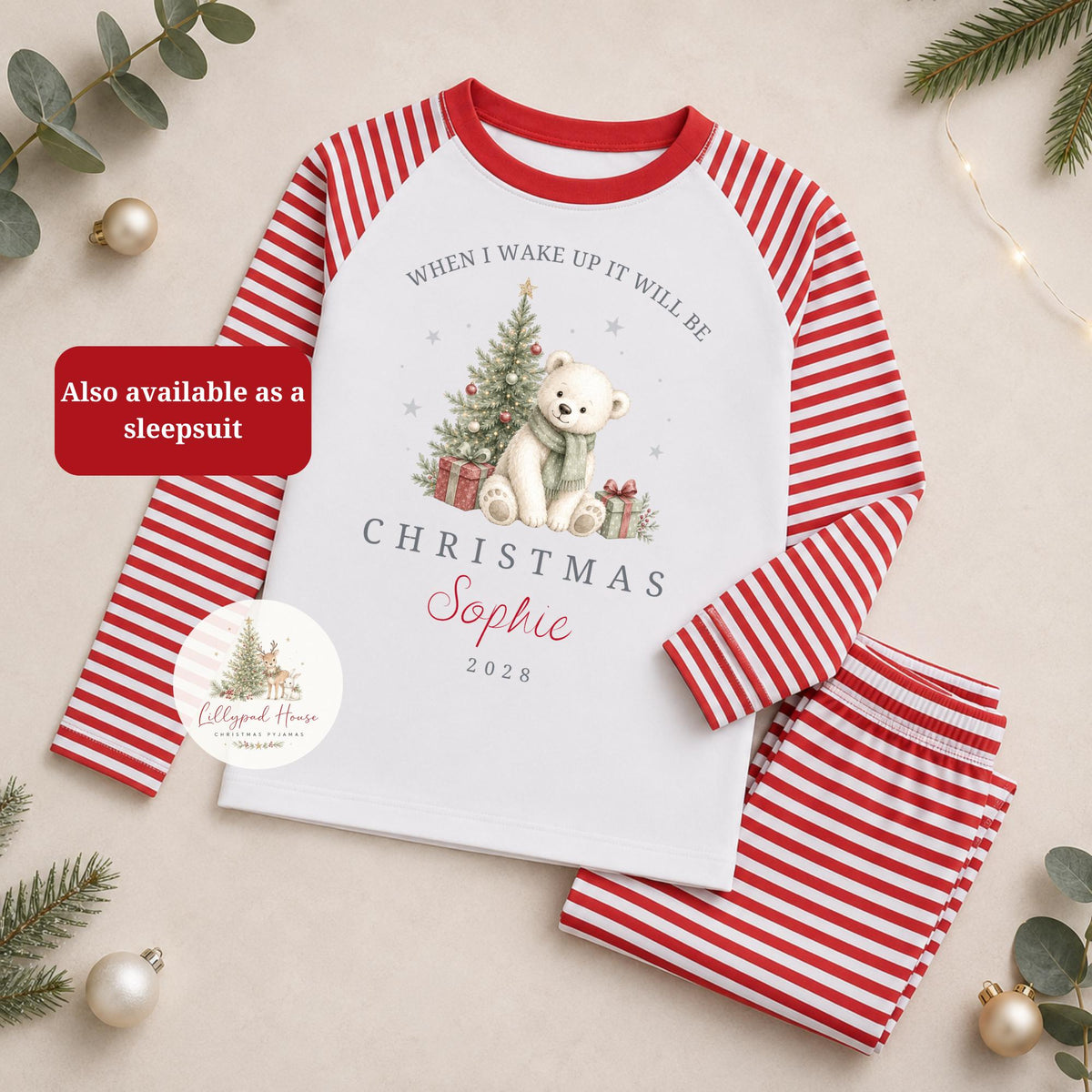 Childrens Polar Bear Christmas Pyjamas; Personalised Xmas Eve PJ's