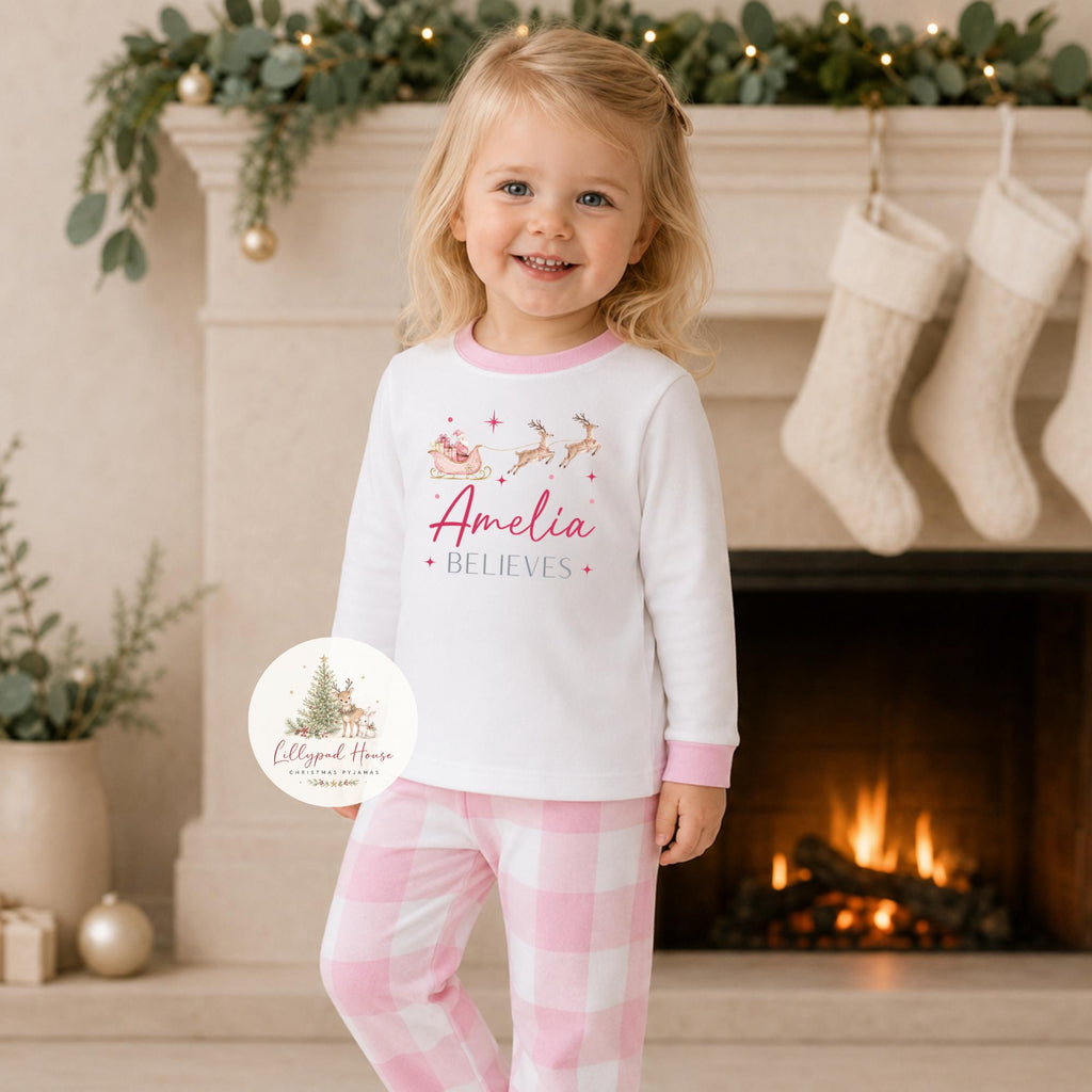 Personalised I Believe Christmas Children's Pyjamas; Personalised Baby Santa Xmas Eve PJ's