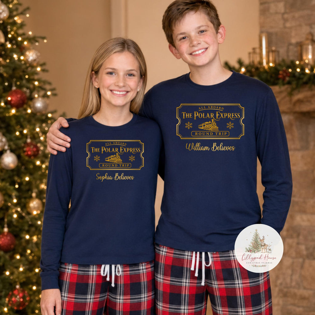 Polar Express Ticket Personalised Matching Family Christmas Pyjama Style Clothing; Personalised Xmas Eve Outfit