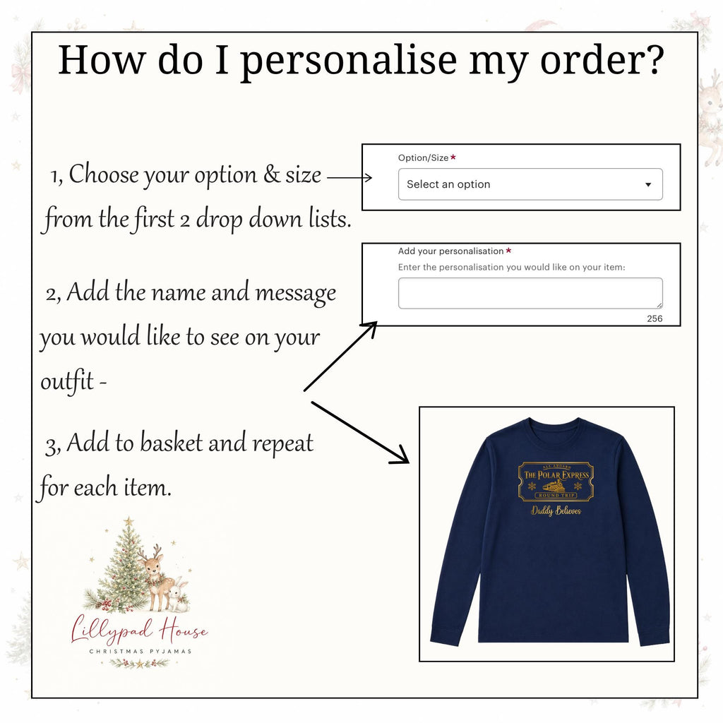 Polar Express Ticket Personalised Matching Family Christmas Pyjama Style Clothing; Personalised Xmas Eve Outfit