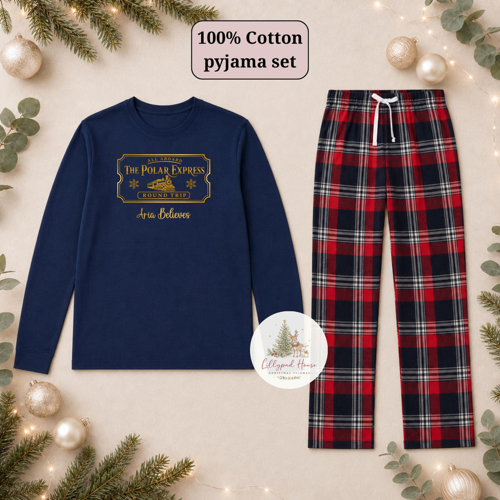 Polar Express Ticket Personalised Matching Family Christmas Pyjama Style Clothing; Personalised Xmas Eve Outfit