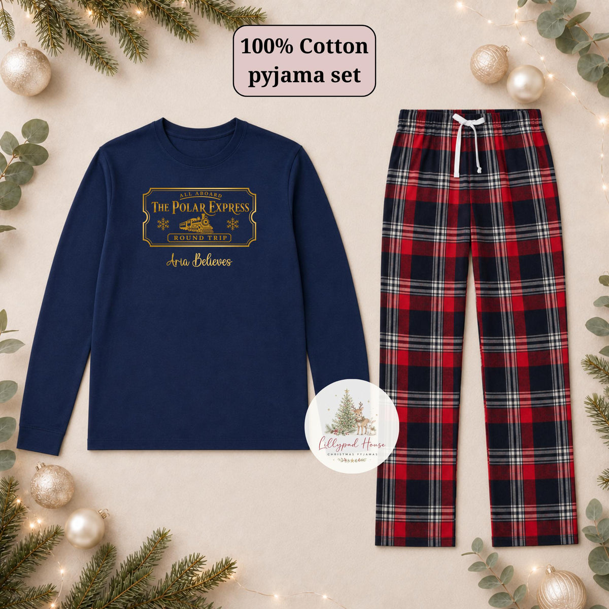 Polar Express Ticket Personalised Matching Family Christmas Pyjama Style Clothing; Personalised Xmas Eve Outfit