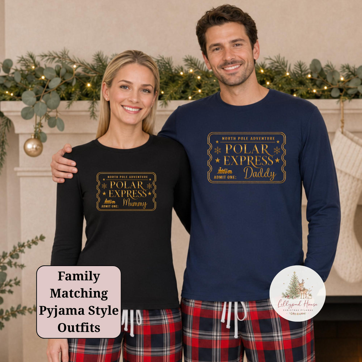 Polar Express Ticket Pyjama Style Outfits; Personalised Matching Family Christmas Pyjama Style Clothing; Personalised Xmas Ev