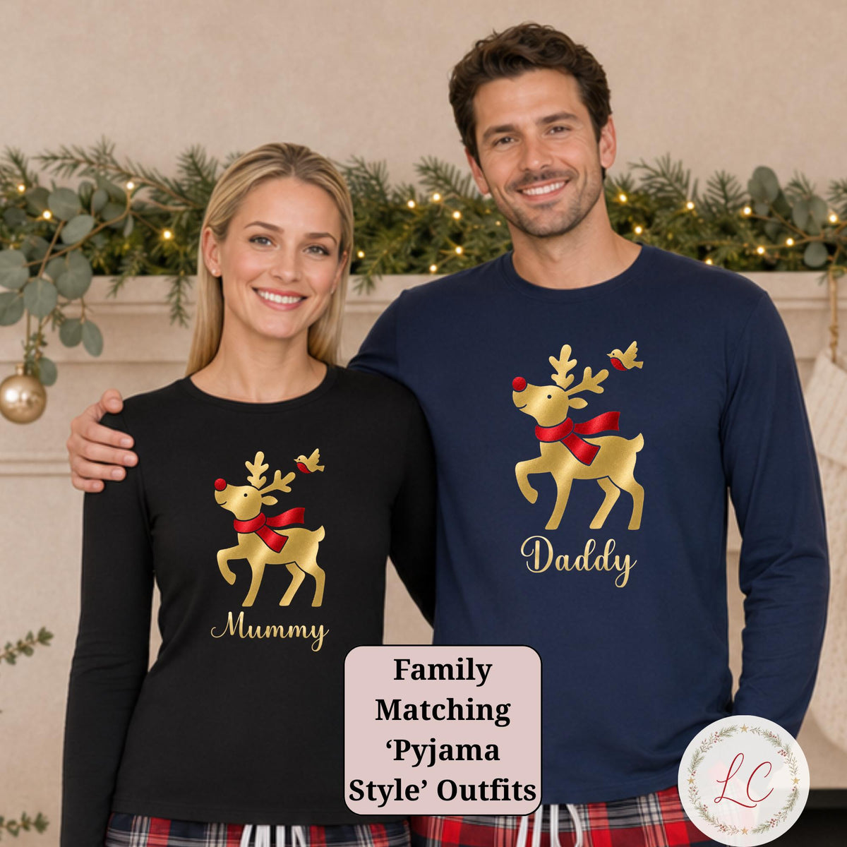 Reindeer Christmas Personalised Pyjama Style Outfits, Navy Tartan PJ Style daywear with Name, Matching Sibling Christmas Eve 