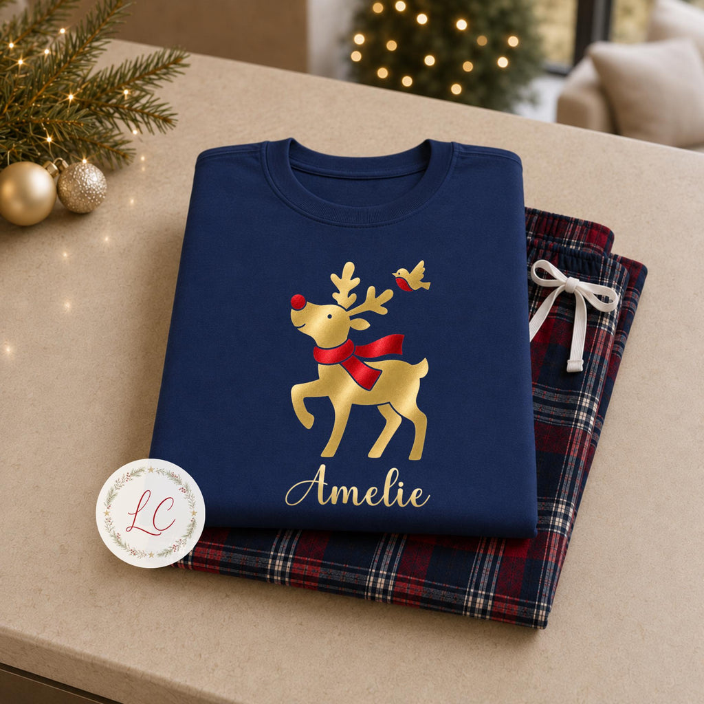 Reindeer Christmas Personalised Pyjama Style Outfits, Navy Tartan PJ Style daywear with Name, Matching Sibling Christmas Eve 