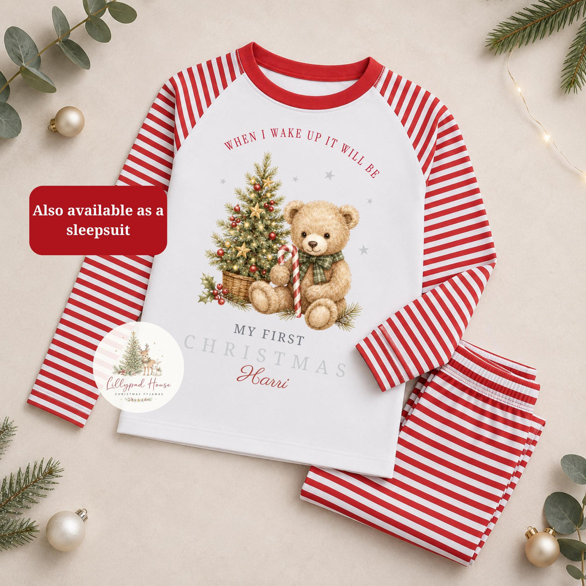 Christmas Teddybear Themed Childrens Christmas Pyjamas; Personalised Xmas Eve PJ's