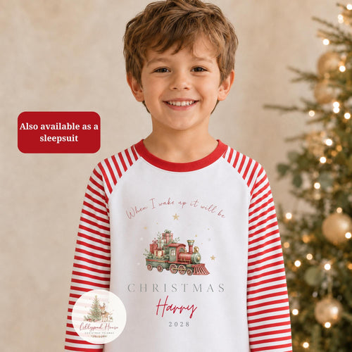 Christmas Train Themed Childrens Christmas Pyjamas; Personalised Xmas Eve PJ's