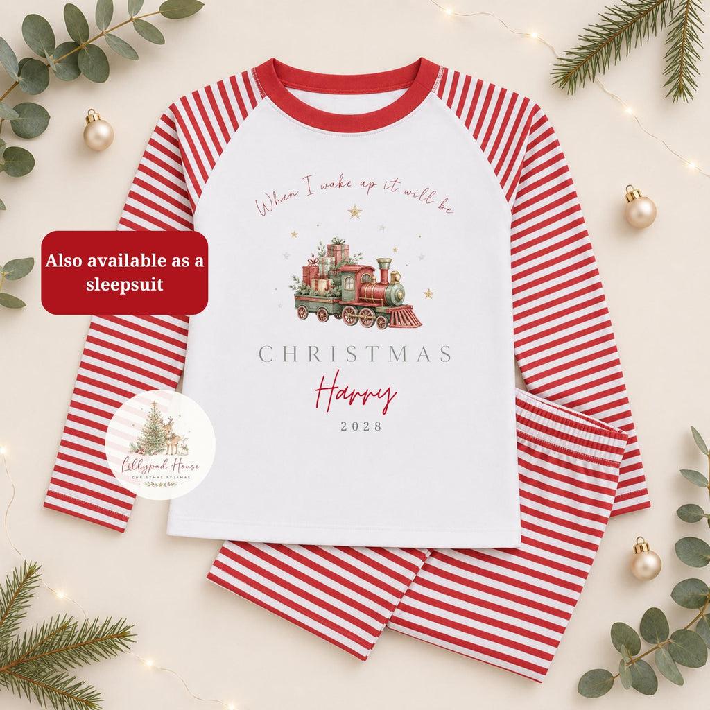 Christmas Train Themed Childrens Christmas Pyjamas; Personalised Xmas Eve PJ's