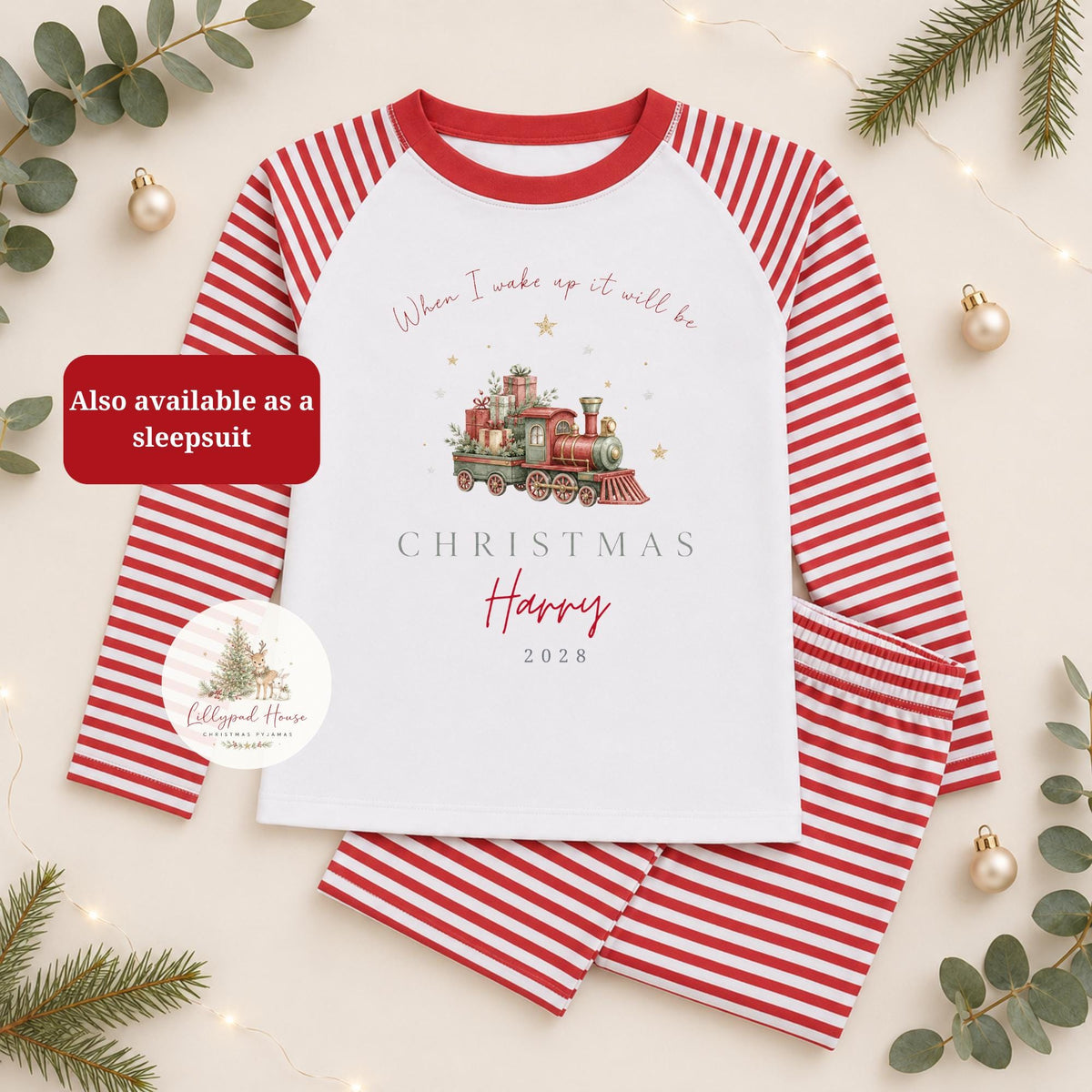 Christmas Train Themed Childrens Christmas Pyjamas; Personalised Xmas Eve PJ's