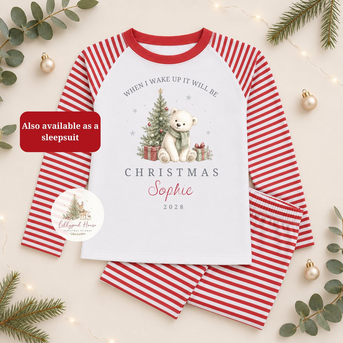 Childrens Polar Bear Christmas Pyjamas; Personalised Xmas Eve PJ's