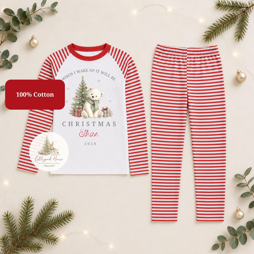 Childrens Polar Bear Christmas Pyjamas; Personalised Xmas Eve PJ's