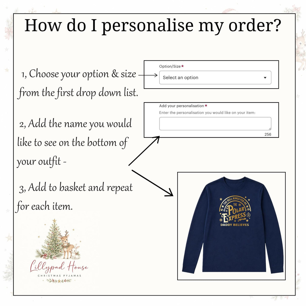 Polar Express Personalised Matching Family Christmas Pyjama Style Clothing; Personalised Xmas Eve Outfit