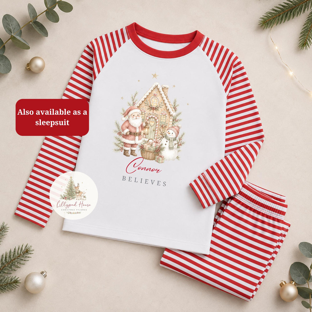 Childrens Gingerbread House Christmas Pyjamas; Personalised Xmas Eve PJ's