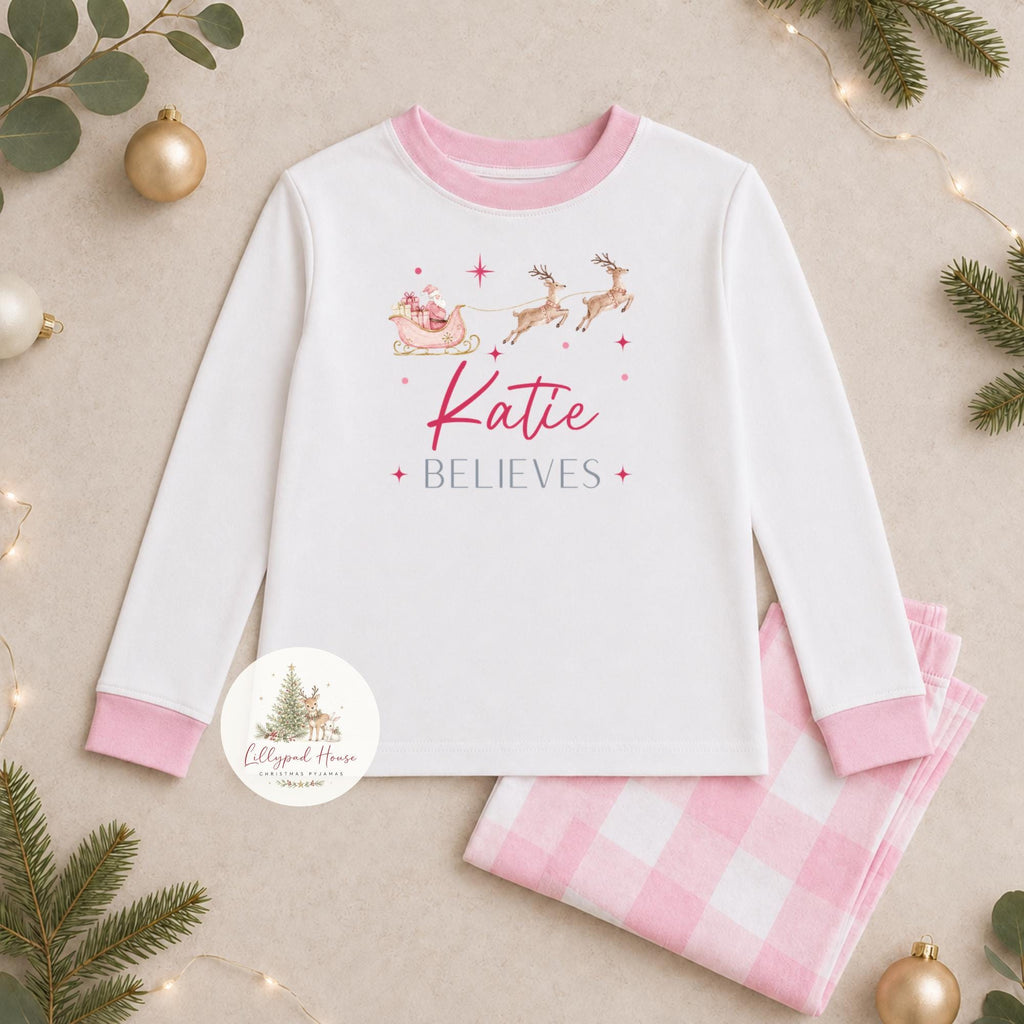Personalised I Believe Christmas Children's Pyjamas; Personalised Baby Santa Xmas Eve PJ's