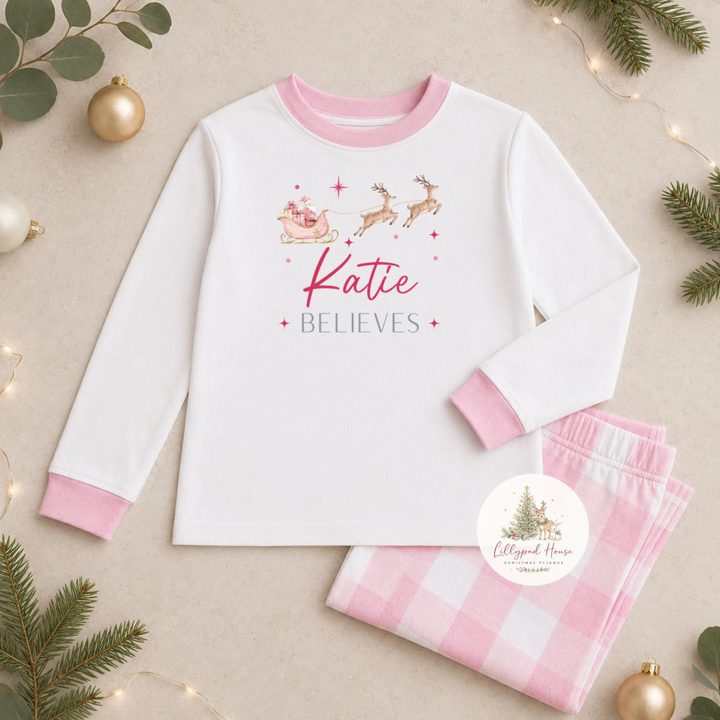 Personalised I Believe Christmas Children's Pyjamas; Personalised Baby Santa Xmas Eve PJ's