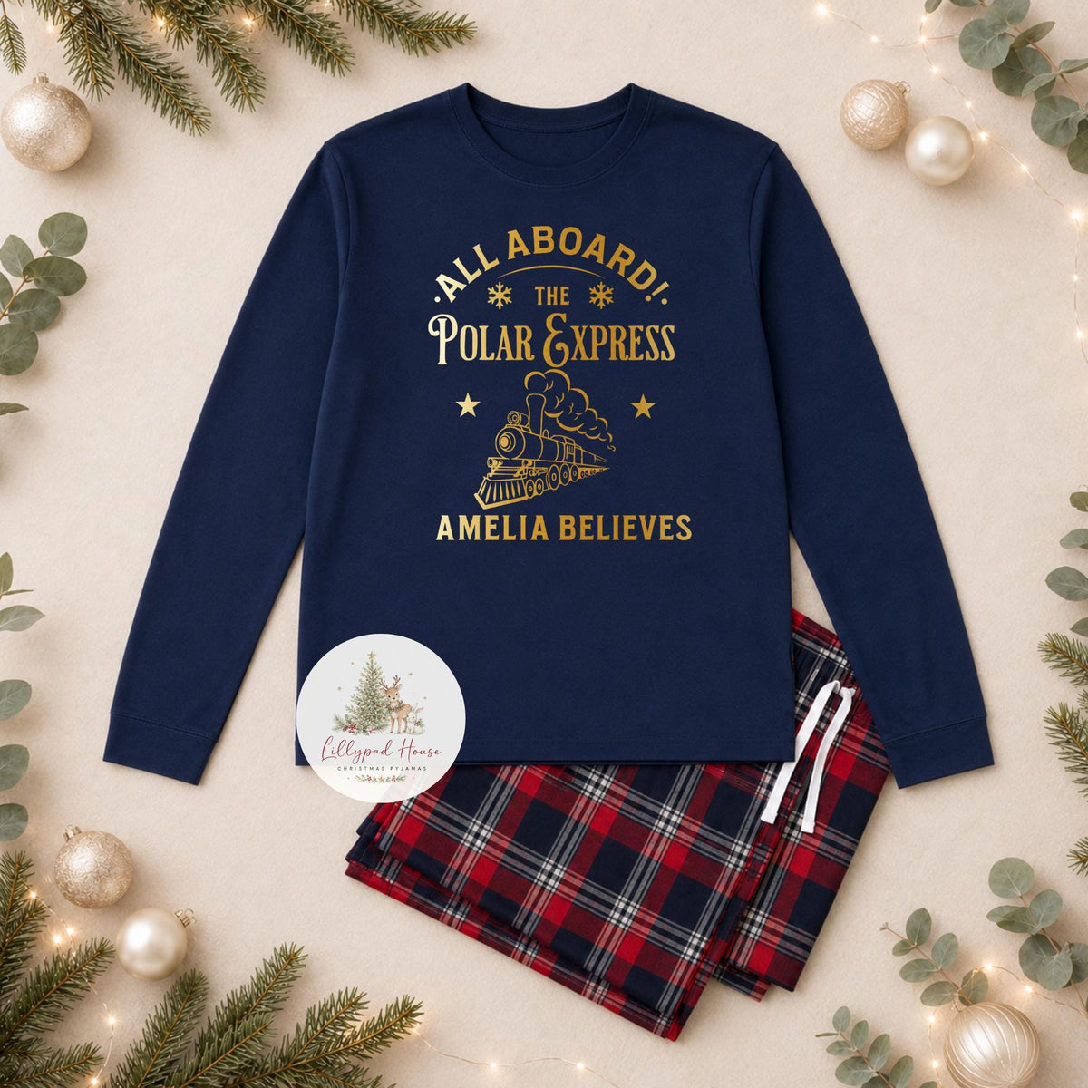 Polar Express Personalised Matching Family Christmas Pyjama Style Clothing; Personalised Xmas Eve Outfit