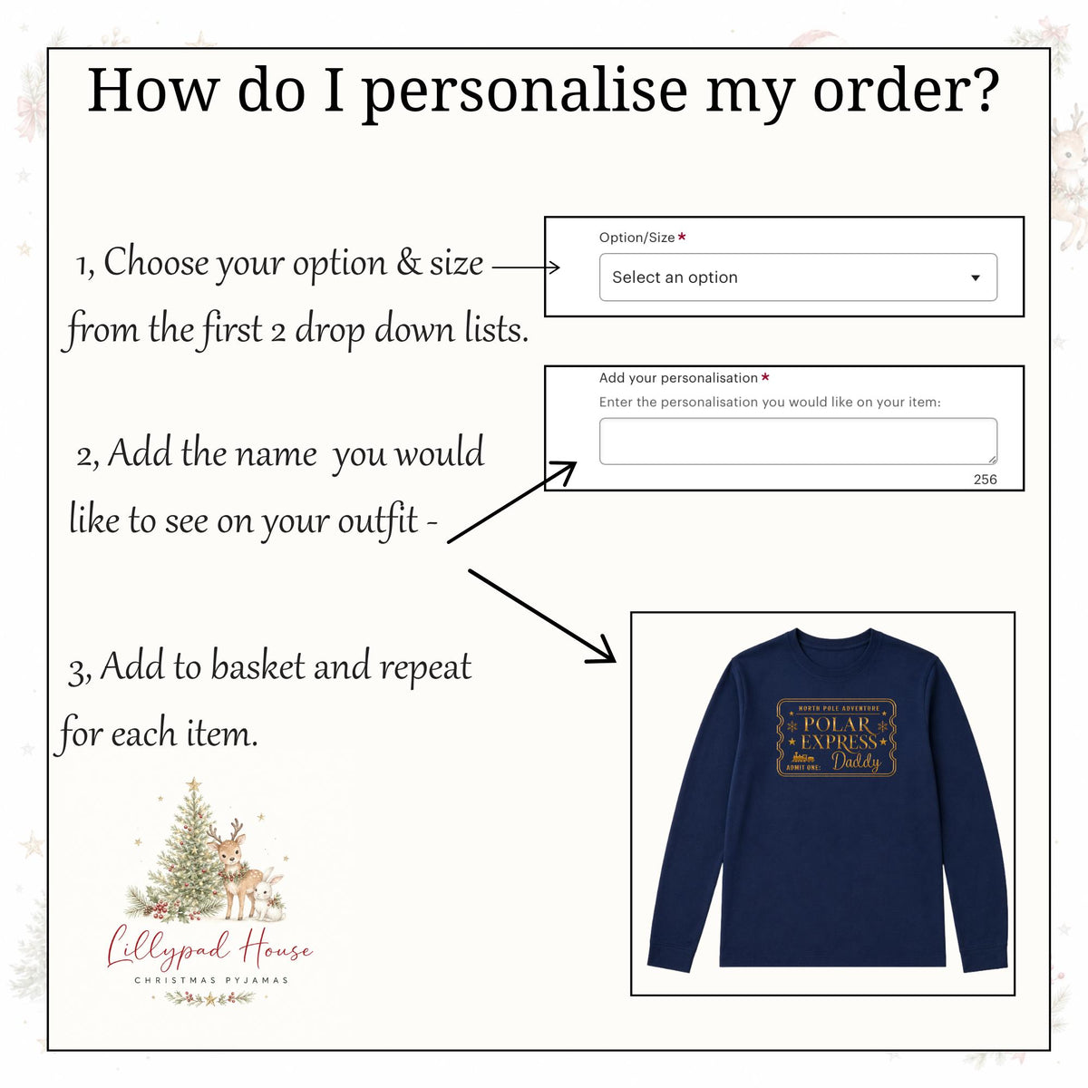 Polar Express Ticket Pyjama Style Outfits; Personalised Matching Family Christmas Pyjama Style Clothing; Personalised Xmas Ev