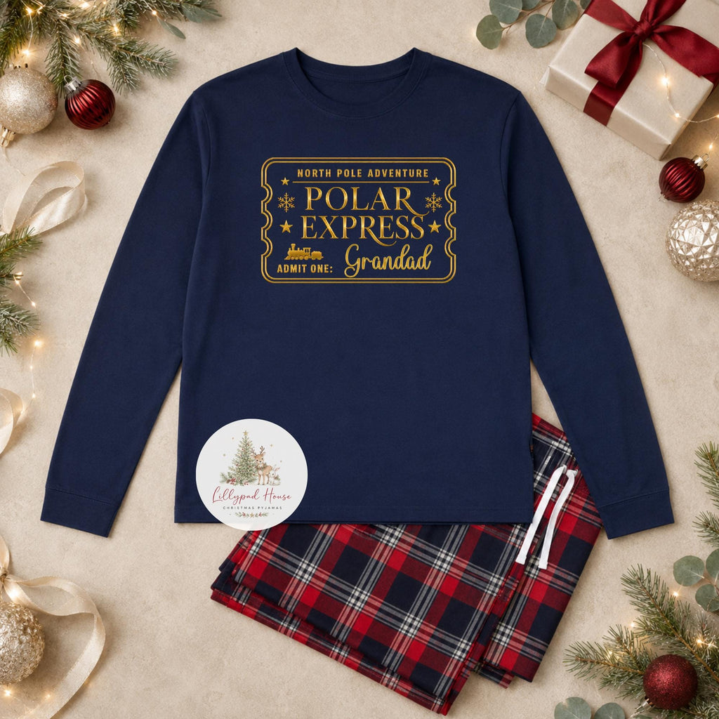Polar Express Ticket Pyjama Style Outfits; Personalised Matching Family Christmas Pyjama Style Clothing; Personalised Xmas Ev