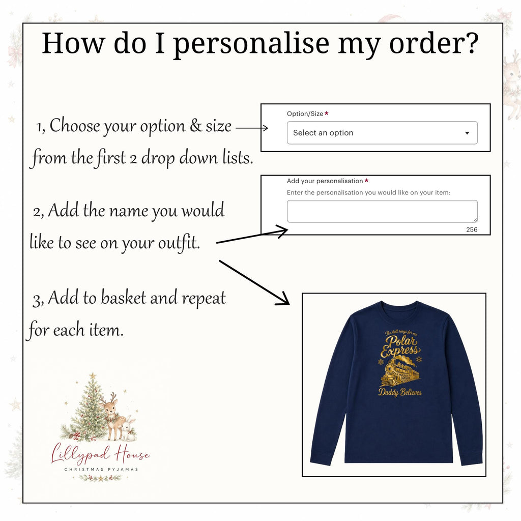 Polar Express Train Personalised Matching Family Christmas Pyjama Style Clothing; Personalised Xmas Eve Outfit