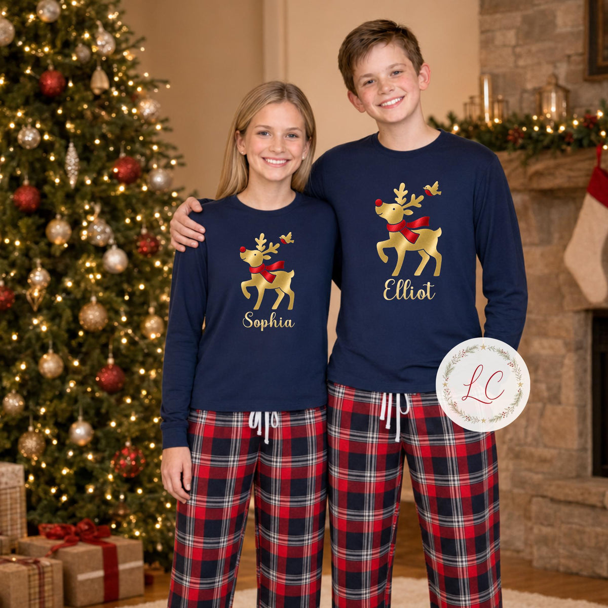 Reindeer Christmas Personalised Pyjama Style Outfits, Navy Tartan PJ Style daywear with Name, Matching Sibling Christmas Eve 