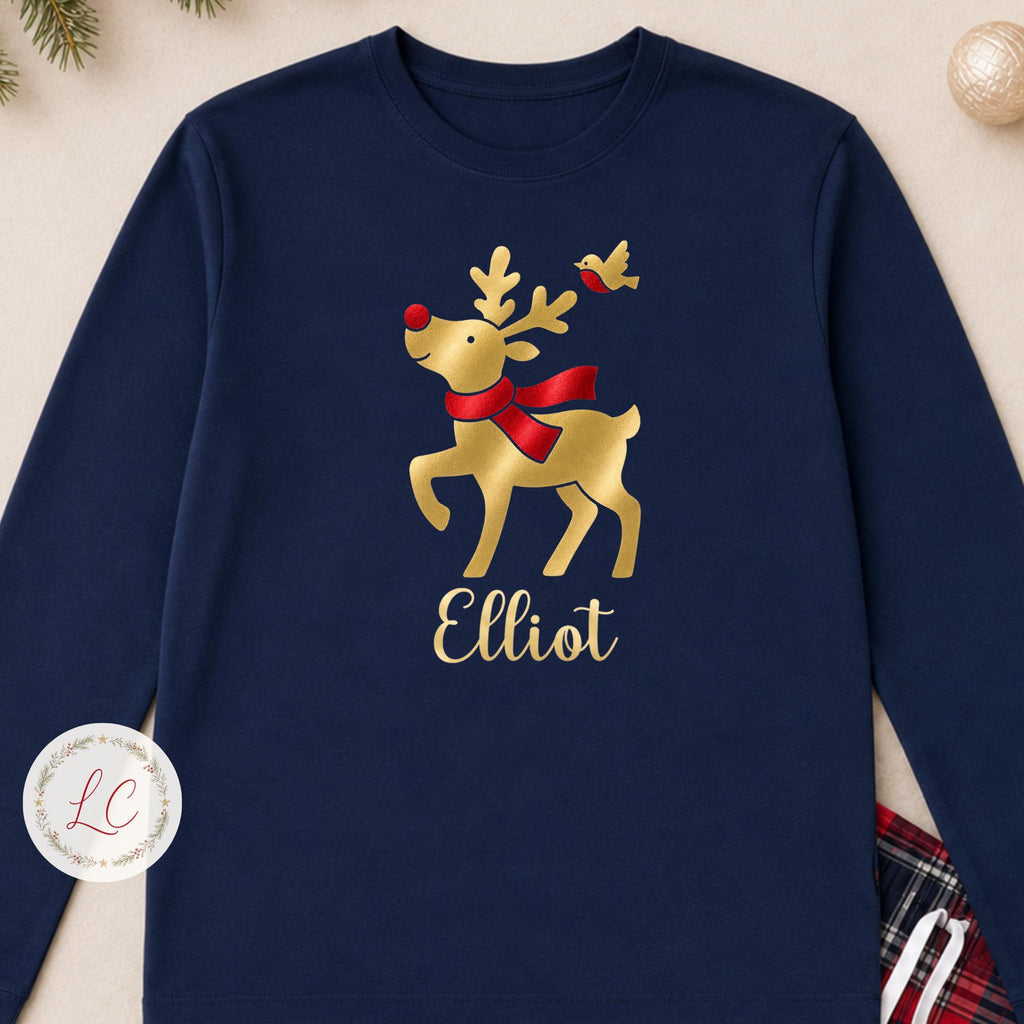 Reindeer Christmas Personalised Pyjama Style Outfits, Navy Tartan PJ Style daywear with Name, Matching Sibling Christmas Eve 
