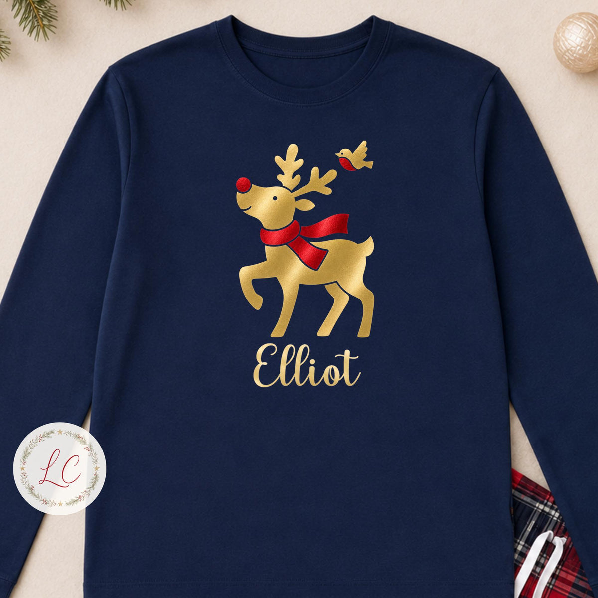Reindeer Christmas Personalised Pyjama Style Outfits, Navy Tartan PJ Style daywear with Name, Matching Sibling Christmas Eve 